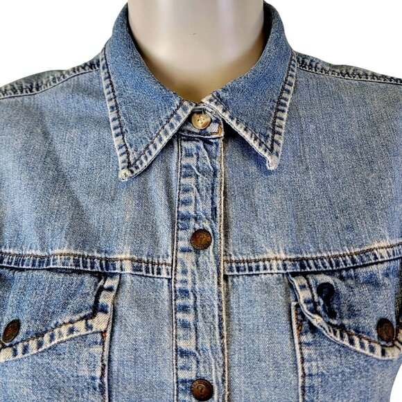 Guess Jeans Vintage 90s Denim Shirt Women Large 12 Short Sleeve Button Collar L - Picture 13 of 15
